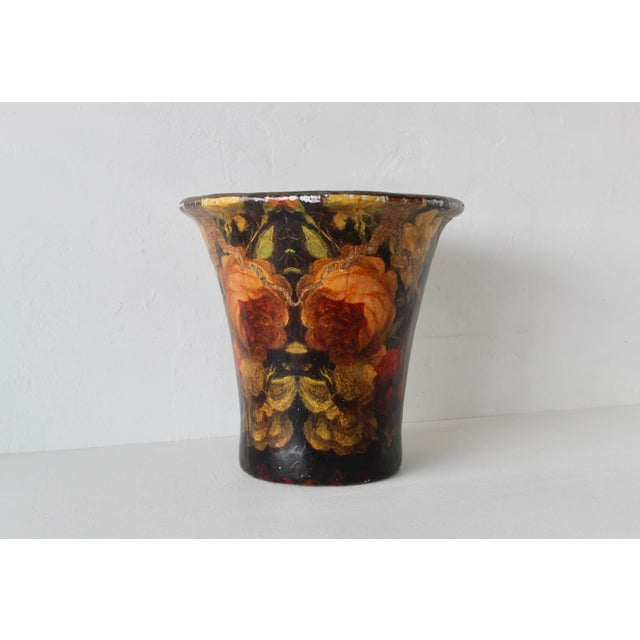 Paper Pulvermacher Style Art Nouveau Paper Mache Floral Decoupage Cachepot Wastebasket Vintage For Sale - Image 7 of 14