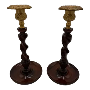 Pair of Vintage Brass and Oak Barley Twist Candlestick Holders