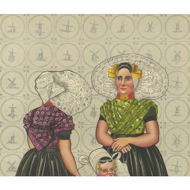 South Beveland Women & Girl in Lace Caps and Black Skirts with Golden Pins Original 1932 chromolithograph from The...