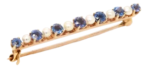 Antique Edwardian 14k Yellow Gold, Blue Topaz, & Button Pearl Bar Pin or Brooch