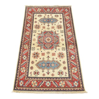 Kazak Rug 2’11” X 5′ Beige Wool Tribal Hand-Knotted Oriental Carpet For Sale