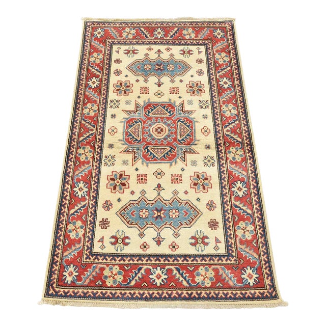 Kazak Rug 2’11” X 5′ Beige Wool Tribal Hand-Knotted Oriental Carpet For Sale