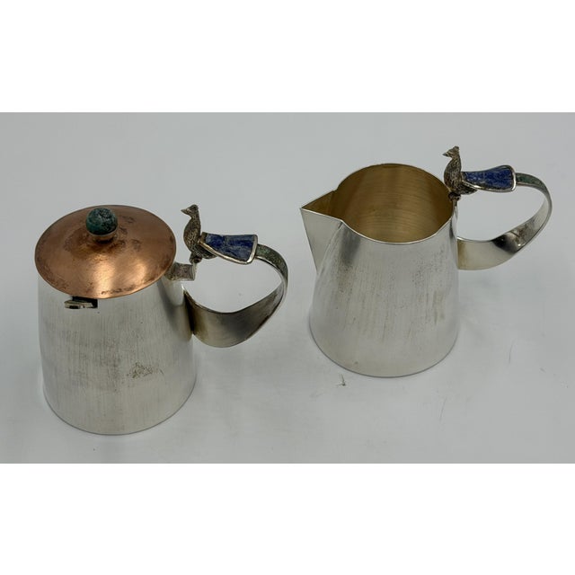 Metal 1970s Wolmar Castillo "Peacock" Creamer, Sugar Pot & Ladle W/ Malachite & Lapis Inlay For Sale - Image 7 of 18
