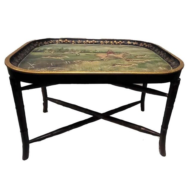 Traditional Antique 19th Century English Regency Style Hand-Painted Wooden Hunting Tray Table on Faux-Bamboo Stand For Sale - Image 3 of 13