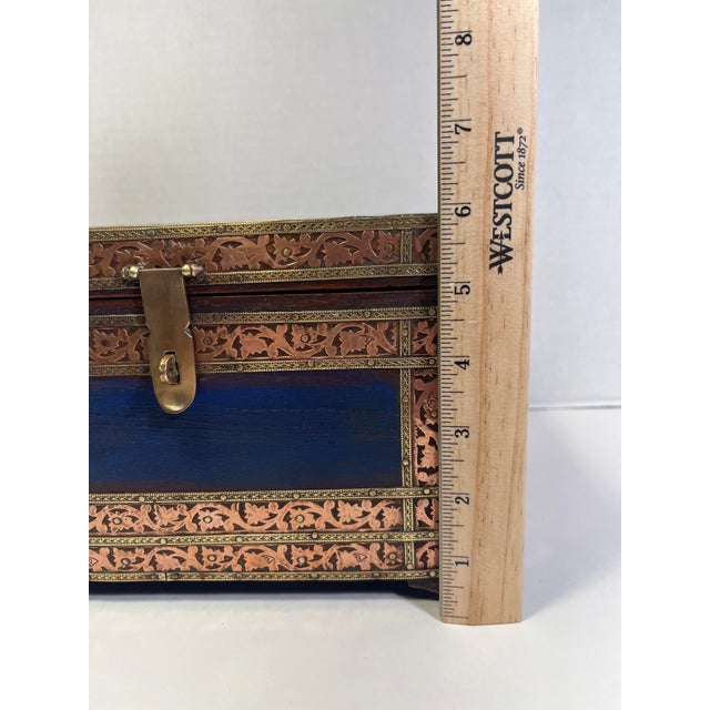 Blue Vintage Indian Hand Made Wood & Mixed Metal Bound Hammered Copper & Brass Box For Sale - Image 8 of 9