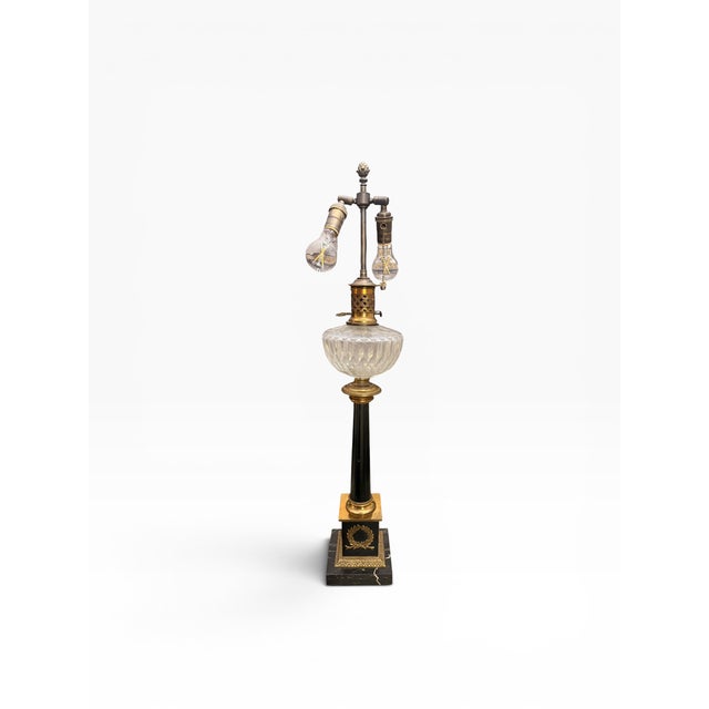 Mid 20th Century Pair of Neoclassical Empire Style Crystal Oil Font Marble & Gilt Bronze Table Lamps For Sale - Image 4 of 10