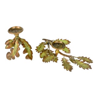 2000s Cs Arte Firenze Cast Bronze Oak Branches With Leaves and Acorns Candleholders- Set of 2 For Sale