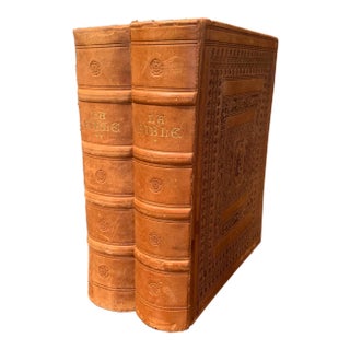 Mid-Century French Two-Volume Leather Bound Bible Set, Marseille 1953 For Sale