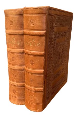 Midcentury French Leather Bound Two-Volume Holy Bible Dated 1953