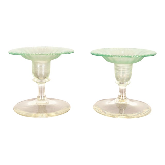 Louis Comfort Tiffany Favrile Pastel Iridescent Art Glass Candlesticks, Pair For Sale