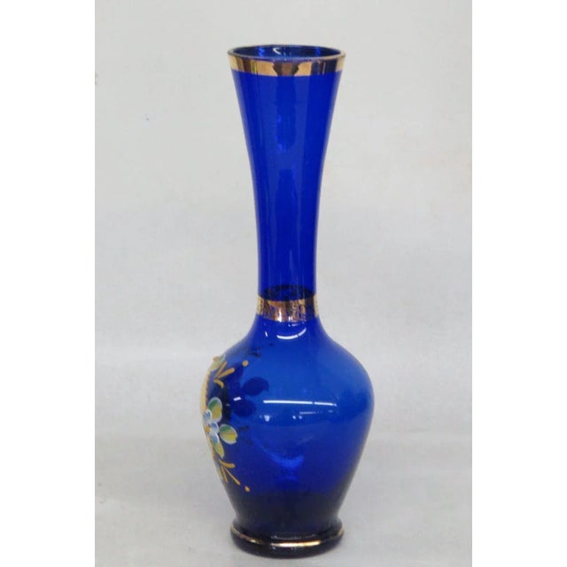 Mid 20th Century Cobalt Blue and Gold Hand Painted Flowers Czech Bohemian Glass Bud Vase For Sale - Image 5 of 13