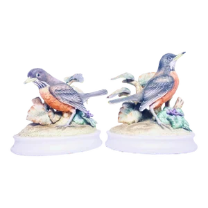 Set of 2 Hand-Painted Porcelain Robin Figurines Signed Andrea by Sadek, 1990s