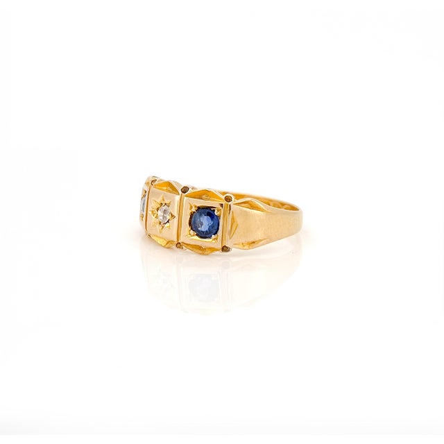 Edwardian 18k Sapphire & Old Mine Cut Diamond Celestial Star Ring, Size 7, Chester 1901 For Sale - Image 4 of 11