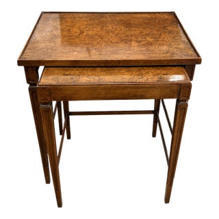 Pair of Baker Furniture Burl Wood Nesting Tables With Gallery Tray Tops For Sale