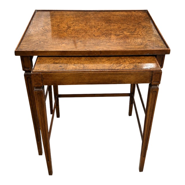 Pair of Baker Furniture Burl Wood Nesting Tables With Gallery Tray Tops For Sale