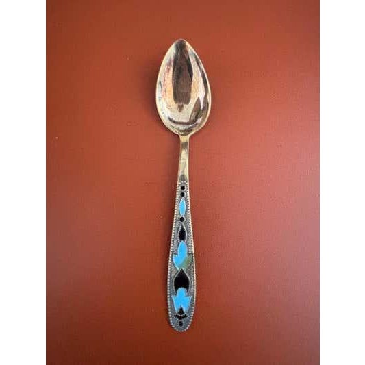 Set of Six Art Deco Russian Silver Cloisonne' Enamel, Demitasse Spoons. Beautiful condition with enameling of blue and black.