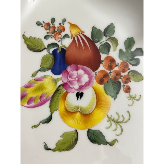 White 1970s Herend Fruits & Flowers Triangular Serving Dish | Vintage Hungarian Porcelain | Hand-Painted Basketweave Gilded Bowl For Sale - Image 8 of 9