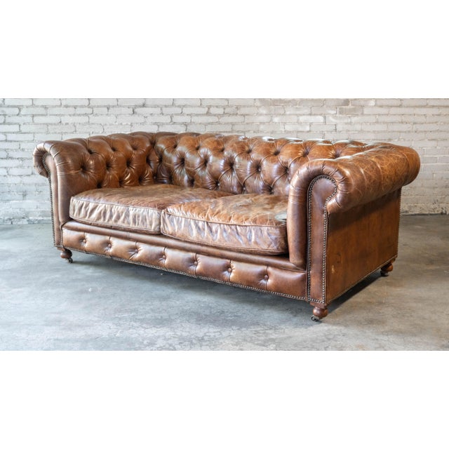Brown Restoration Hardware Distressed Cigar Leather Kensington Luxe Sofa For Sale - Image 8 of 17