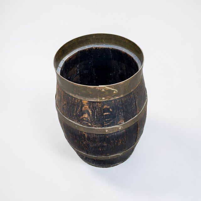 Metal Antique Dutch Barrel Umbrella Stand in Aged Wood and Brass, 1890s For Sale - Image 7 of 10