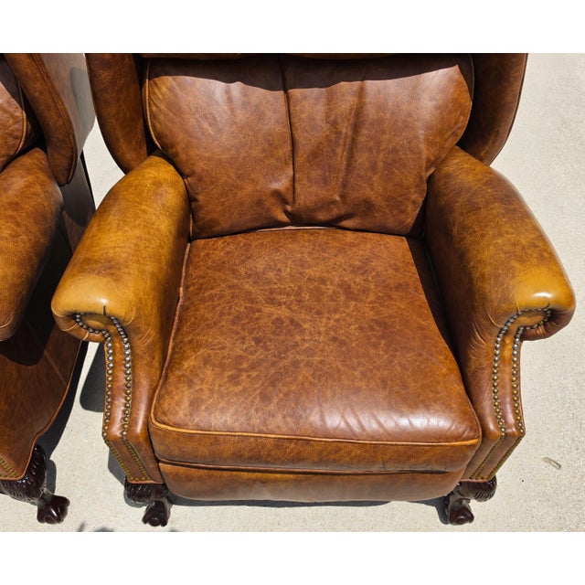 Vintage Motioncraft Chippendale Leather Wingback Recliners Ball & Claw Pair For Sale In Miami - Image 6 of 16