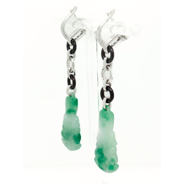 Pair of 18k Art Deco Style Jade, Onyx, Diamond, and Sapphire Dangle Earrings For Sale - Image 4 of 12