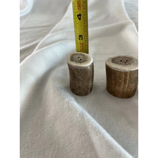 Pair of vintage salt and pepper shakers made from moose antlers. Rustic charm!