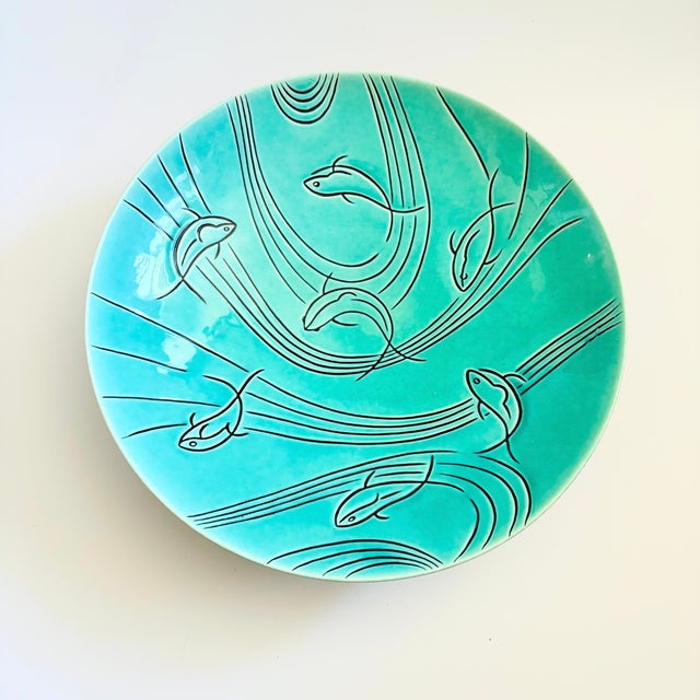 Mid 20th Century Large Mid Century Ceramic Fish Serving Bowl on Metal Base by Roselane Pottery For Sale - Image 5 of 17