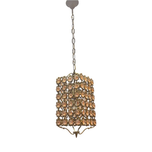Pink Crystal and Bronze Pendant Light, 1960s For Sale