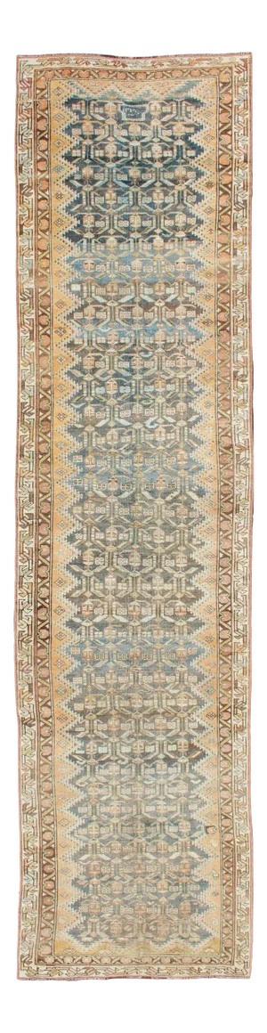 Antique Persian Malayer Runner With Teal, Gray, Blue and Brown in All Over Geometric Design
