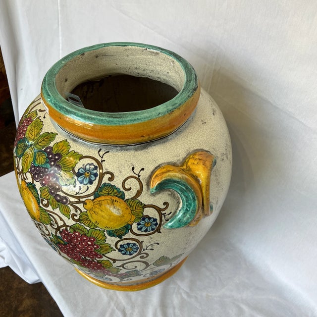 Traditional Hand Painted Large Italian Ceramic Vase Featuring Grape and Lemon Design For Sale - Image 3 of 12