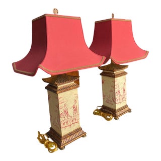 A Pair of Frederick Cooper Chinoiserie Table Lamps With Pagoda Shades For Sale