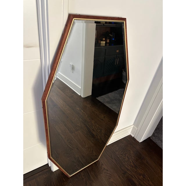 Mid 20th Century Teak Wood With Brass Trim Bevel Wall Mirror, Elongated Hexagon Shape,mid-Century Modern Style For Sale - Image 5 of 9