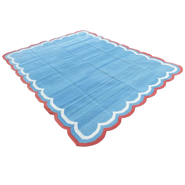 Mid-Century Modern Handmade Cotton Area Rug Natural Vegetable Dyed Flat Weave Sky Blue Terracotta Border Four Side Scalloped Dhurrie - 8'x10' For Sale - Image 3 of 11