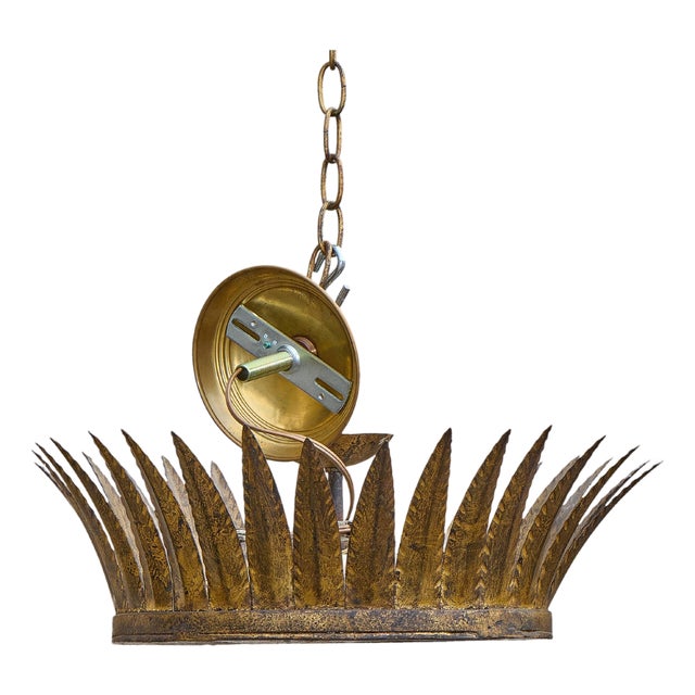 Mid 20th Century Spanish Gilt Metal Crown Chandelier with Frosted Glass Diffuser For Sale