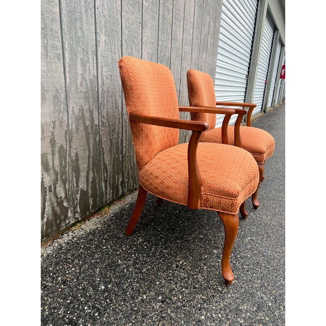 Pair of Vintage Queen Anne Style Upholstered Arm Chairs For Sale - Image 17 of 17