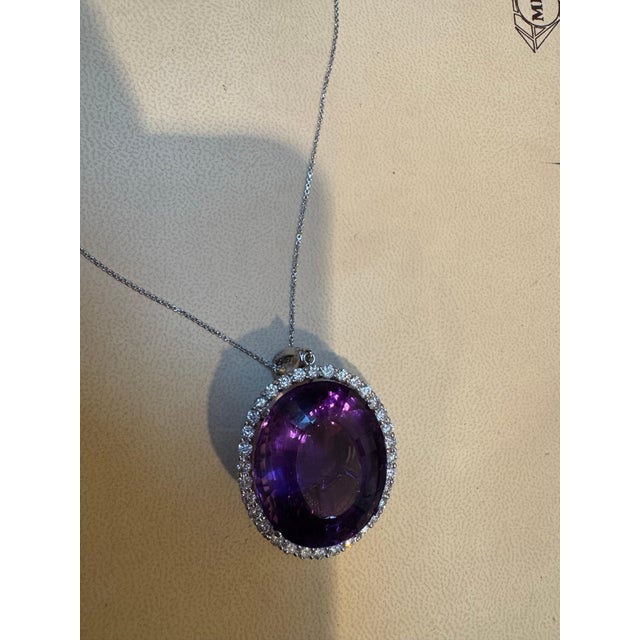 80 Carat Amethyst & 3.5 ct Diamond Pendant Necklace 14 Karat White Gold + Chain For Sale - Image 18 of 18