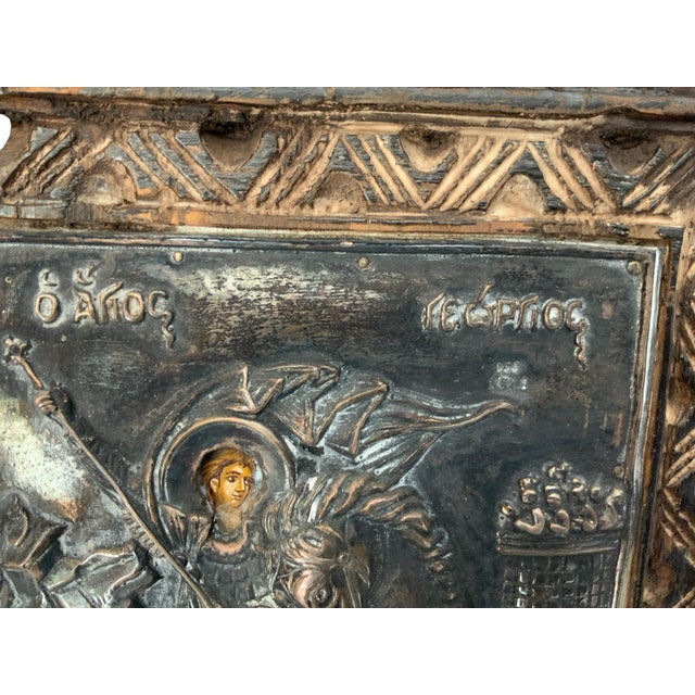 Vintage Theologs Greek Byzantine Icon Saint George 950 Silver Overlay Carved Wood Frame Ltd Edition Certificate 1993 Made...