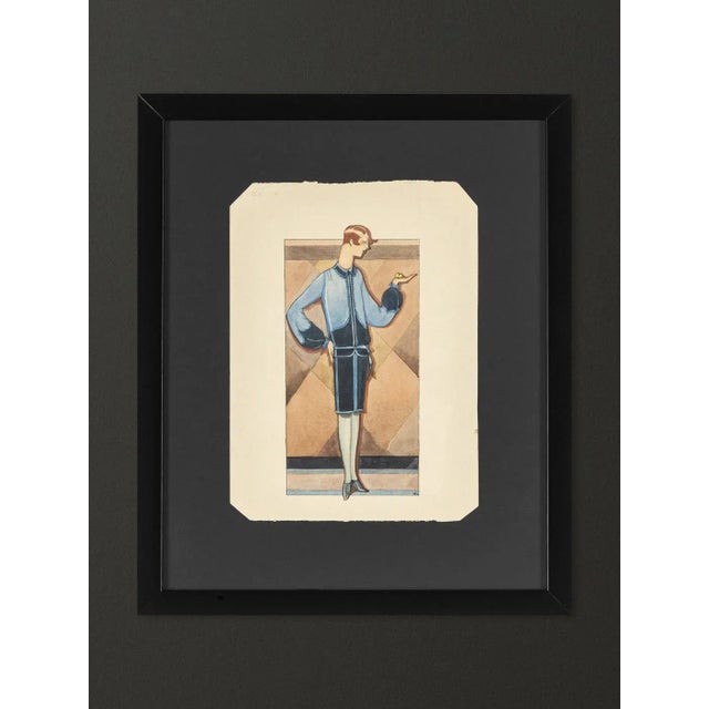 Art Deco Fashion Drawing, Gouache on Paper, Framed For Sale - Image 11 of 11