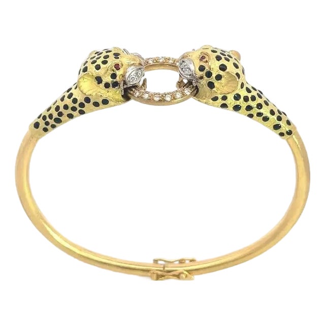 Diamond Panther Bracelet Door Knocker 18k Gold Ruby Enamel For Sale
