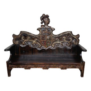 Early 20th Century Spanish Polychromed Hand Carved Oak Settee or Park Bench For Sale