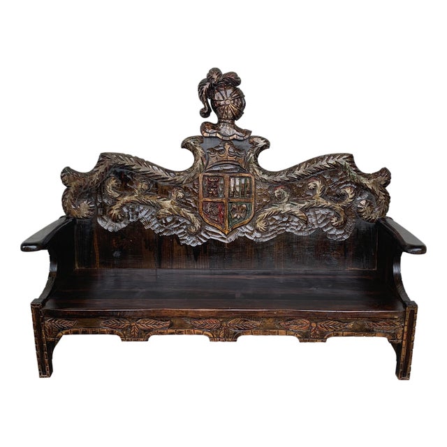 Early 20th Century Spanish Polychromed Hand Carved Oak Settee or Park Bench For Sale