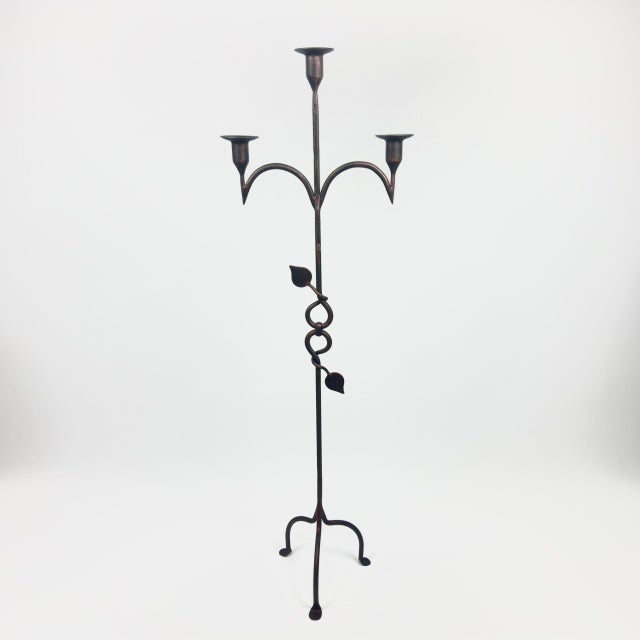 Hand Forged Iron Floor Candelabra 50″ (126cm) Antique Copper Patina 3-Arm Vine & Leaf Detail Rustic Decor For Sale - Image 6 of 7