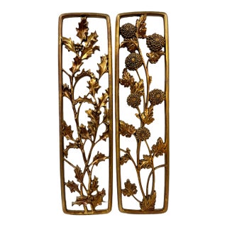 1950s Mid-Century SyrocoWood Gold Gilt Seasonal Wall Plaques Holly & Mums - Pair For Sale