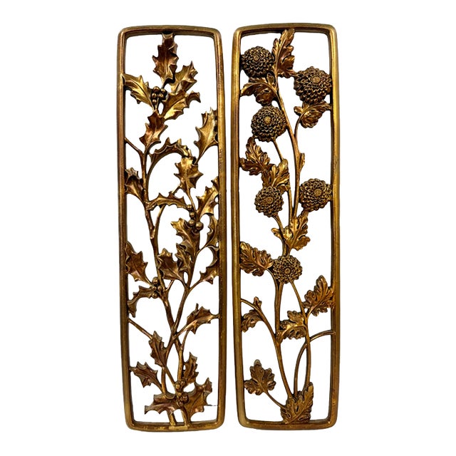 1950s Mid-Century SyrocoWood Gold Gilt Seasonal Wall Plaques Holly & Mums - Pair For Sale