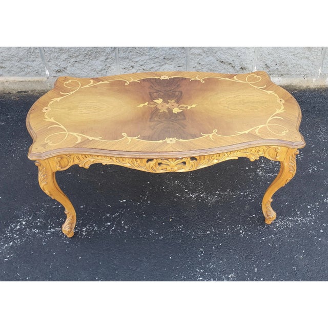 Italian Rococo Revival Marquetry Fruitwood Coffee Table For Sale - Image 4 of 12
