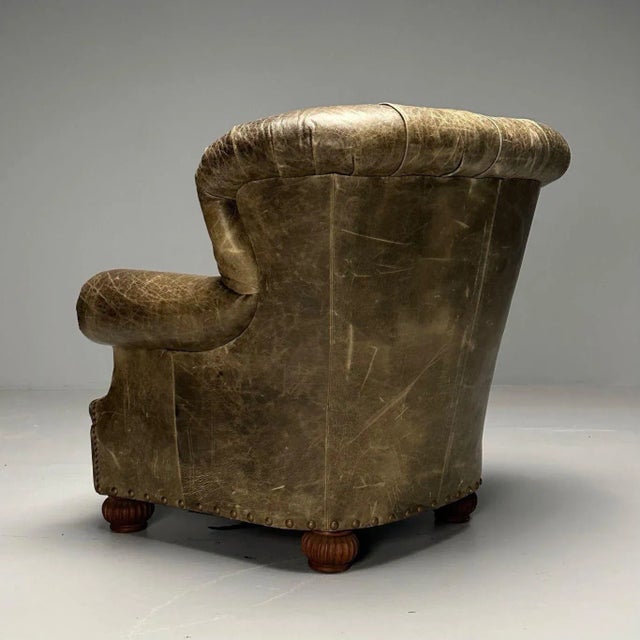 Georgian, Chesterfield, Oversized Lounge Chair, Tufted Green Leather For Sale - Image 10 of 11