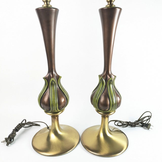 Pair of Rembrandt Colonial Premier 3 way lamps. One has a sticker around the lamp shade holder saying "Rembrandt Lamps...
