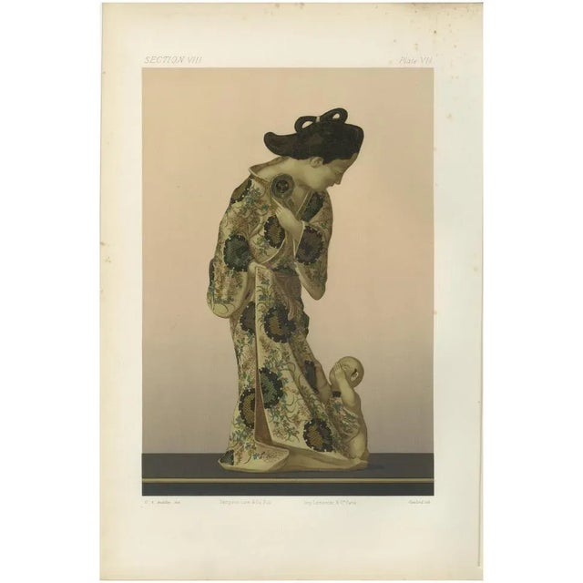 Japanese Woman in Traditional Kimono and Child Figurine, 1884, Lithograph on Paper For Sale - Image 6 of 6