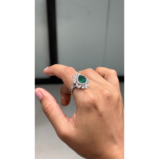 Not Yet Made - Made To Order Luxury 2.24Ct Natural Emerald & 1.91Ct Diamond Halo Cocktail Ring Size 4 in 18k Gold For Sale - Image 5 of 16
