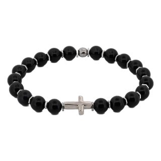 Sterling Silver Cross Black Onyx Beaded Bracelet For Sale
